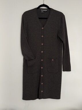 Nina Leonard Petite Ribbed V‑Neck Cardigan — Brown